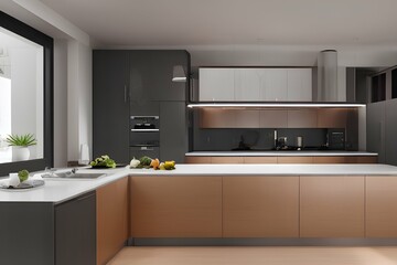 Fototapeta premium Stylish interior of modern kitchen 8k - generative ai