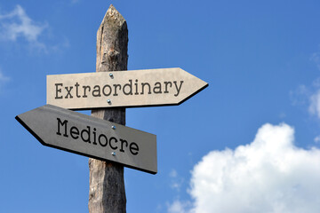 Extraordinary or mediocre - wooden signpost with two arrows, sky with clouds - obrazy, fototapety, plakaty