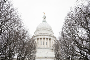 Rhode Island state house as the state capitol and monument symbolizing america as united states in...