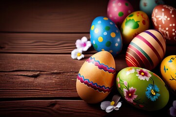 Fototapeta premium Easter eggs on wooden background. Generative AI.