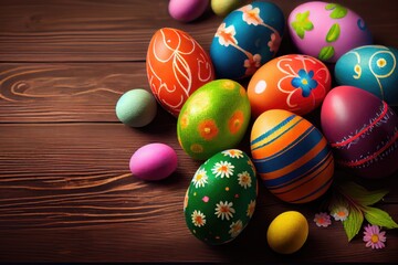 Obraz na płótnie Canvas Easter eggs on wooden background. Generative AI.