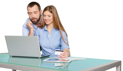 Man and woman shopping online with laptop and credit card