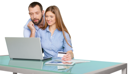 Man and woman shopping online with laptop and credit card