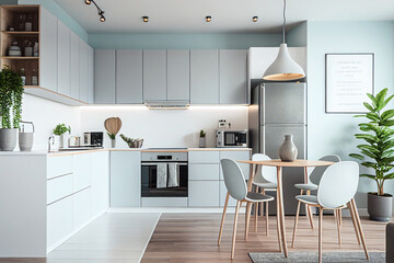 Concept of scandinavian style kitchen in pastel mint and pink colors. AI generated illustration