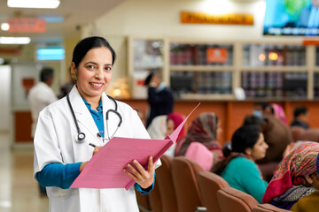 Indian female doctor writing medical record in file.