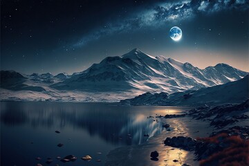 Winter mountains near the river against the backdrop of the night and the big moon AI