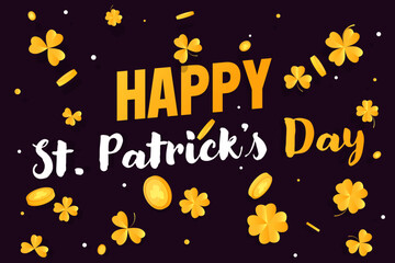 Happy Saint Patrick's Day background with clover leaves and golden coins. Vector illustration. 