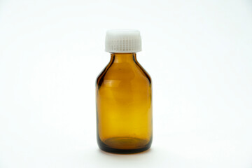 Medical bottle for medication with a white cap isolated on a white background.