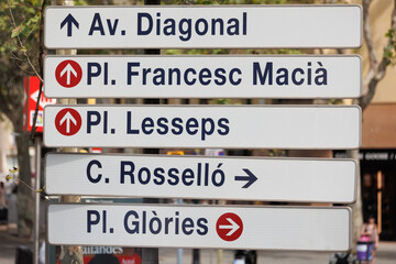 Street Sign displaying some Main Roads in Barcelona, Spain