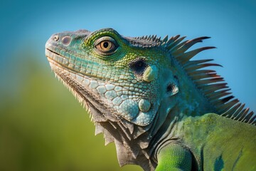 The iguana's head is bright green, and the background is a blue sky. The head of the tropical lizard is seen up close. A picture of a wild animal that looks like a small dragon. Generative AI - obrazy, fototapety, plakaty