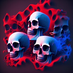 Three creepy dark skulls in the red and blue mist - 3D Illustration 8k - generative ai