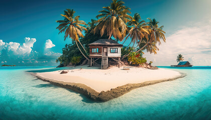 Bungalow on an amazing tropical island with coconut palm trees, white sand beach and chrystal clear ocean. Generative AI