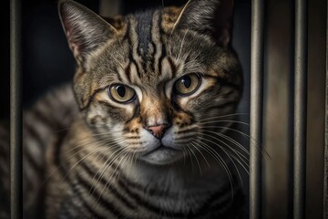 Cat was left in a cage. Pet adoption. The animal shelter had a tabby cat. Generative AI