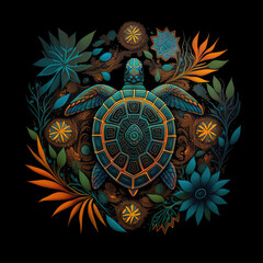 Colorful detailed turtle mandala art on a black background. Created with Generative AI technology.