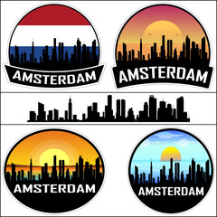 Amsterdam Skyline Silhouette Netherlands Flag Travel Souvenir Sticker Sunset Background Vector Illustration SVG EPS AI