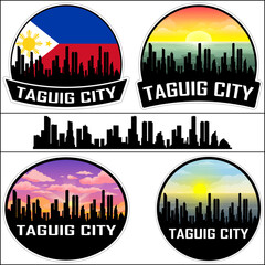 Taguig City Skyline Silhouette Philippines Flag Travel Souvenir Sticker Sunset Background Vector Illustration SVG EPS AI