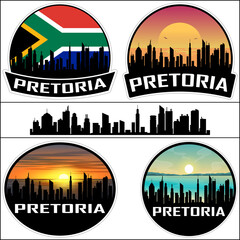 Pretoria Skyline Silhouette South Africa Flag Travel Souvenir Sticker Sunset Background Vector Illustration SVG EPS AI