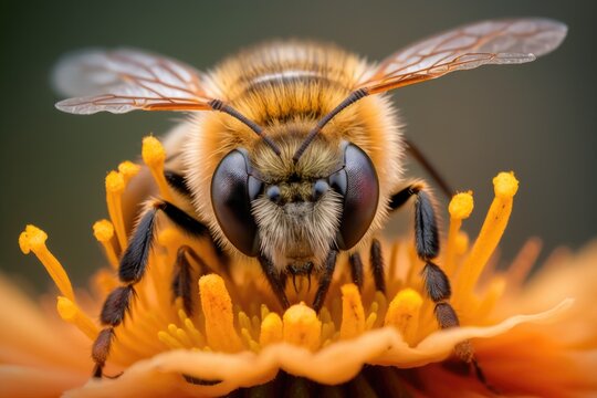 Animal macro close up photography of a bee on flower. Generative AI