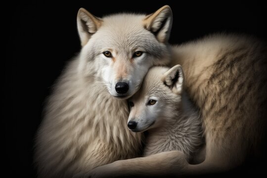 The arctic wolf and her cute female pup are close to their mother. Canis lupus arctos in close up against a black background. Wild animals being cuddled. The puppy feels safe on the back of the mother