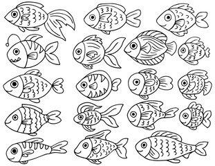 Underwater world sea life ocean fish icon set. Fish sketch collection. Hand drawn vector illustration.