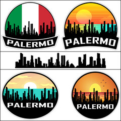 Palermo Skyline Silhouette Italy Flag Travel Souvenir Sticker Sunset Background Vector Illustration SVG EPS AI