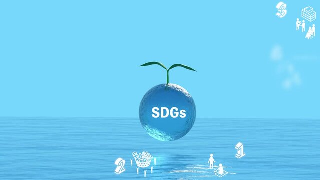 Environmental protection image of SDGs, animation of Sustainable Development Goals icons floating on sea and green background, Ecological image