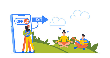 Digital Detox Concept. People Turn Off Phones and Exit on Nature. Characters Disconnect From Technology, Meet and Hug
