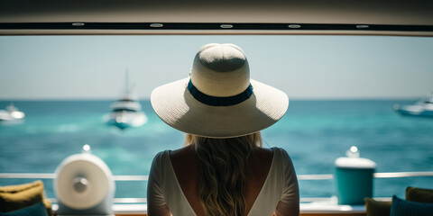 view from behind woman looking out to sea from a luxury cruise boat . Generative ai