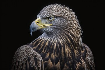 Obraz premium Out of the darkness, a White tailed Eagle looks at the camera. Generative AI