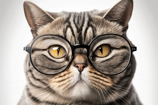 Close up picture of a Scottish Straight cat with glasses, on a white background. Generative AI