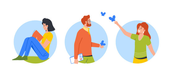 Digital Detox, Detoxification, Importance Of Taking Time For Oneself Round Icons Or Avatars. People Stop Using Phones