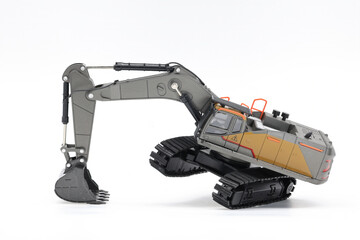 Backhoe hydraulic Excavator with bucket. side view. Wide angle. Isolated on white background.	