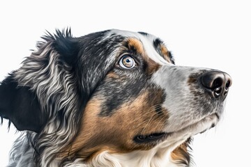 Close up of the face of a cute mixed breed large Sheepdog looking up. By itself on white. Generative AI
