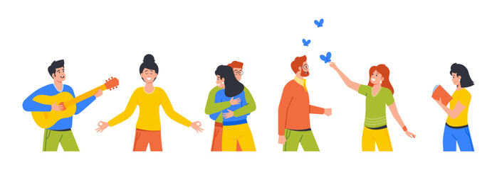 Young Men And Women Characters Resting Actively Without Using Digital Devices. Adults Walking, Playing Guitar, Dating