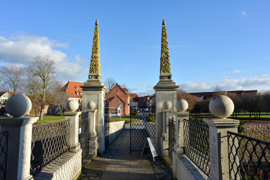Entry way of the castle in Delitzsch, Germany, view to the town