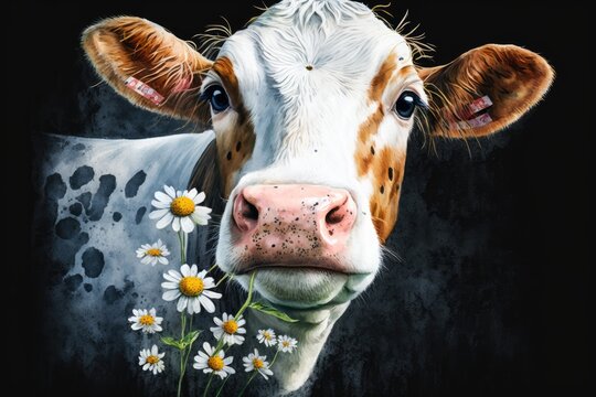 A cow painted in watercolor with a daisy in its mouth. Illustration of a hand painted portrait of a farm animal. Generative AI