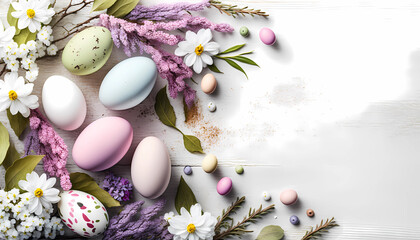 Obraz na płótnie Canvas Easter background with eggs and spring flowers. Top view with copy space. Generative AI
