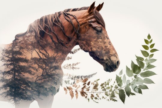 Double exposure or double exposure photo montage of a brown horse with tree branches and leaves. Generative AI