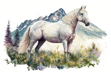 Obraz na płótnie Canvas White Arabian horse on an alpine meadow, watercolor illustration. Generative AI