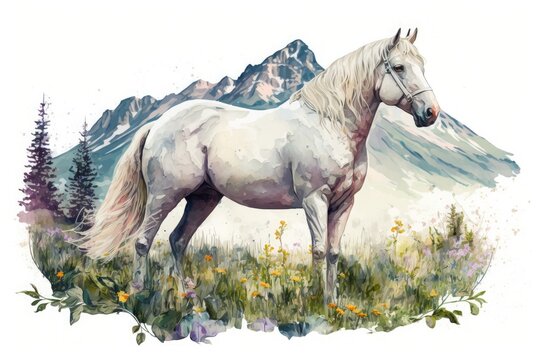 White Arabian horse on an alpine meadow, watercolor illustration. Generative AI