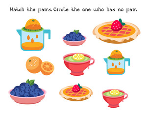 Find pairs. Educational puzzle game for preschoolers. Vector illustrations for worksheets. Food, juice, cake. 