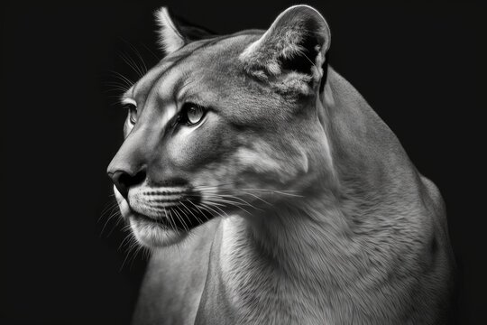 Close up picture of a puma on a black background. White and black. Generative AI