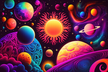 Colorful psychedelic galaxy and planets in space illustration