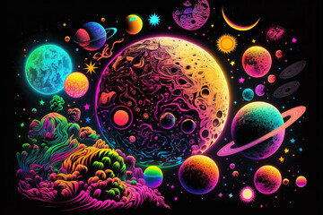 Colorful psychedelic galaxy and planets in space illustration