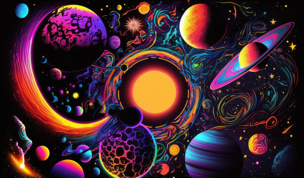 Colorful psychedelic galaxy and planets in space illustration