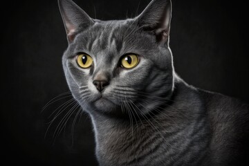 Studio picture of a grey cat with a dark background. Generative AI