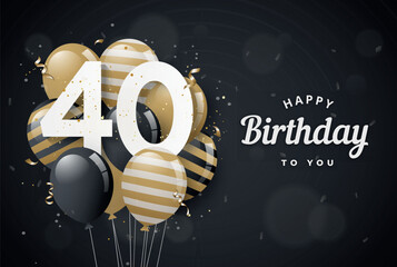 Happy 40th birthday balloons greeting card black background. 40 years anniversary. 40th celebrating with confetti. Vector stock
