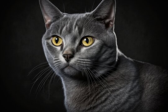 Studio picture of a grey cat with a dark background. Generative AI