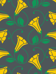 The vector illustration of yellow flower pattern on dark background for wallpaper, backdrops, and various surfaces.
