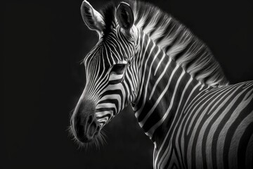 On a dark background is a zebra. Picture in black and white. Generative AI